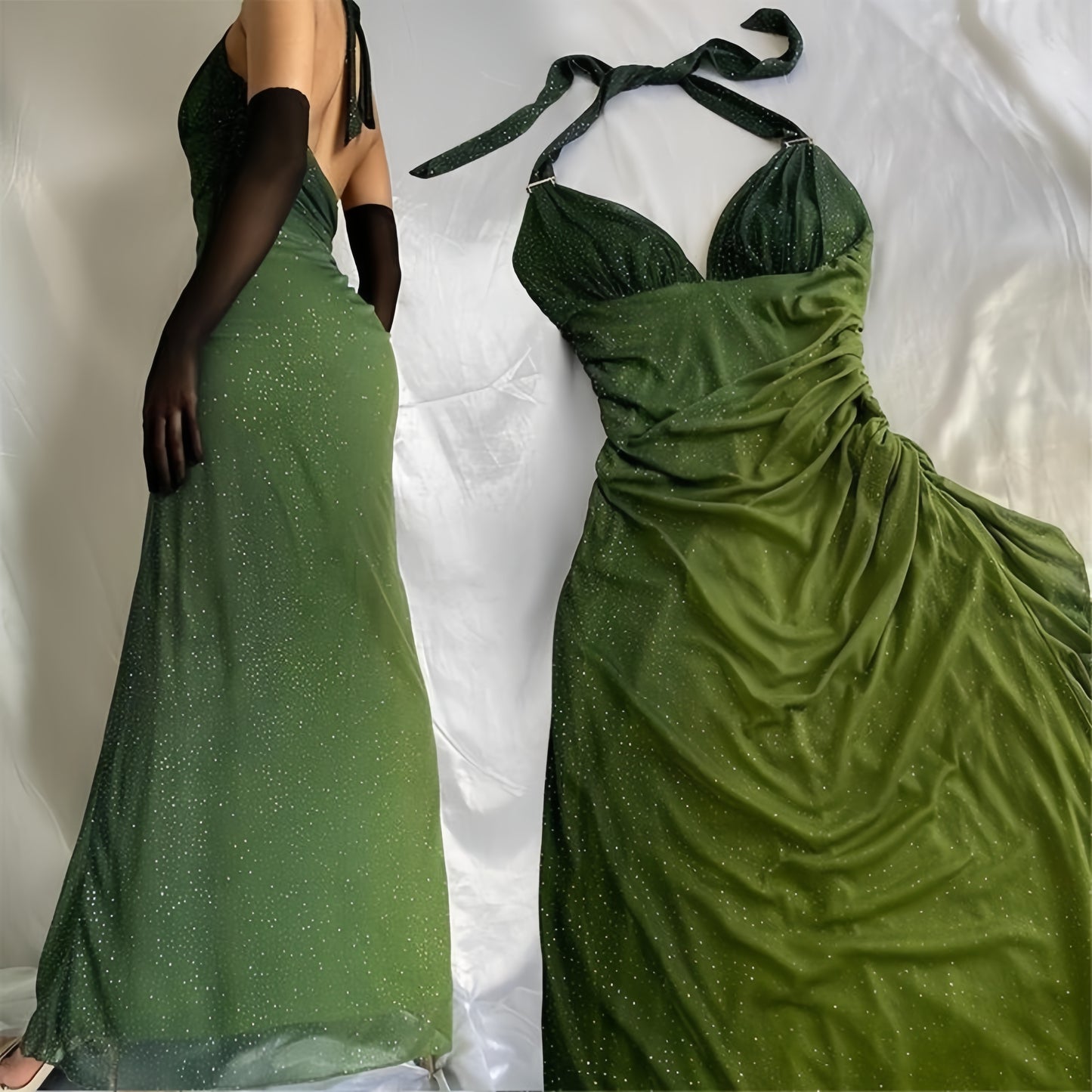 Olive Green Chiffon Prom Dress, Halter Ruffle Party Dress, LTP3507