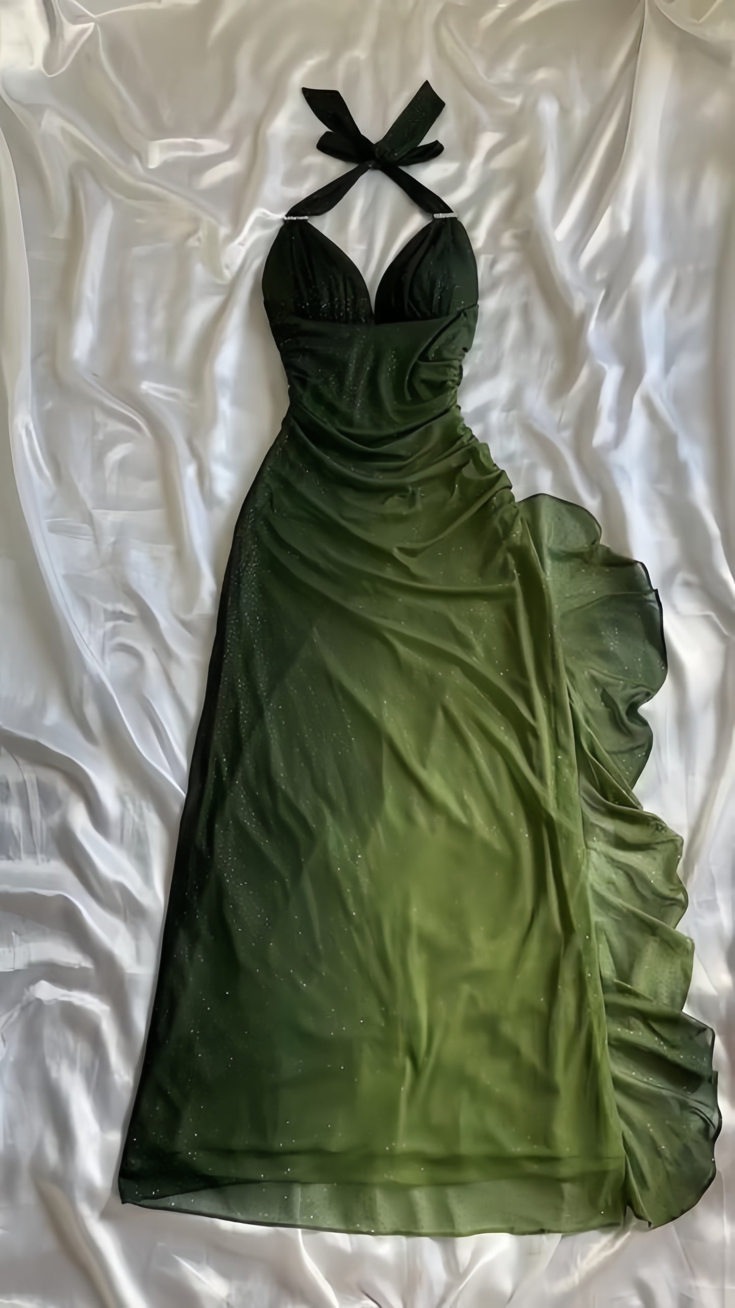 Olive Green Chiffon Prom Dress, Halter Ruffle Party Dress, LTP3507