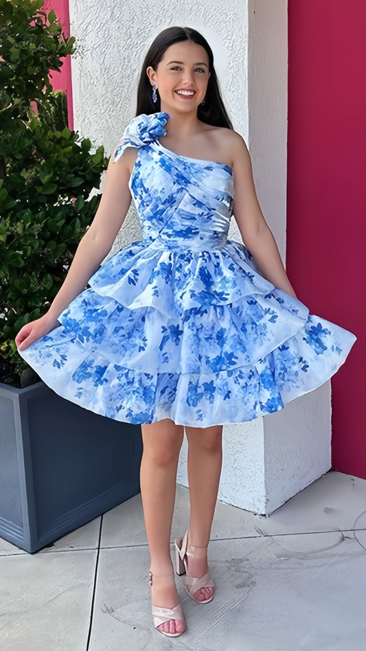 One Shoulder Blue Floral Homecoming Dresses Chiffon Ruffle Short Dance Dress,LTP3865