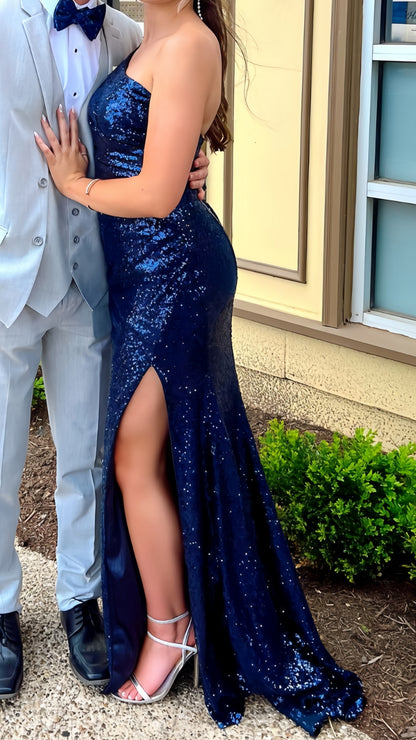 One Shoulder Blue Sequin Long Party Dress, Senior Prom Dresses, LTP3466