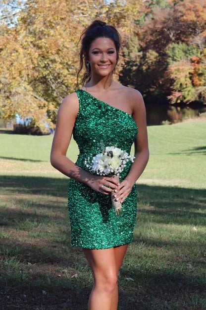 One Shoulder Green Sequined Homecoming Dresses, LTP3039