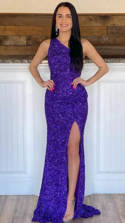 One Shoulder Mermaid Sequin Prom Dress With Side Slit, LTP3514