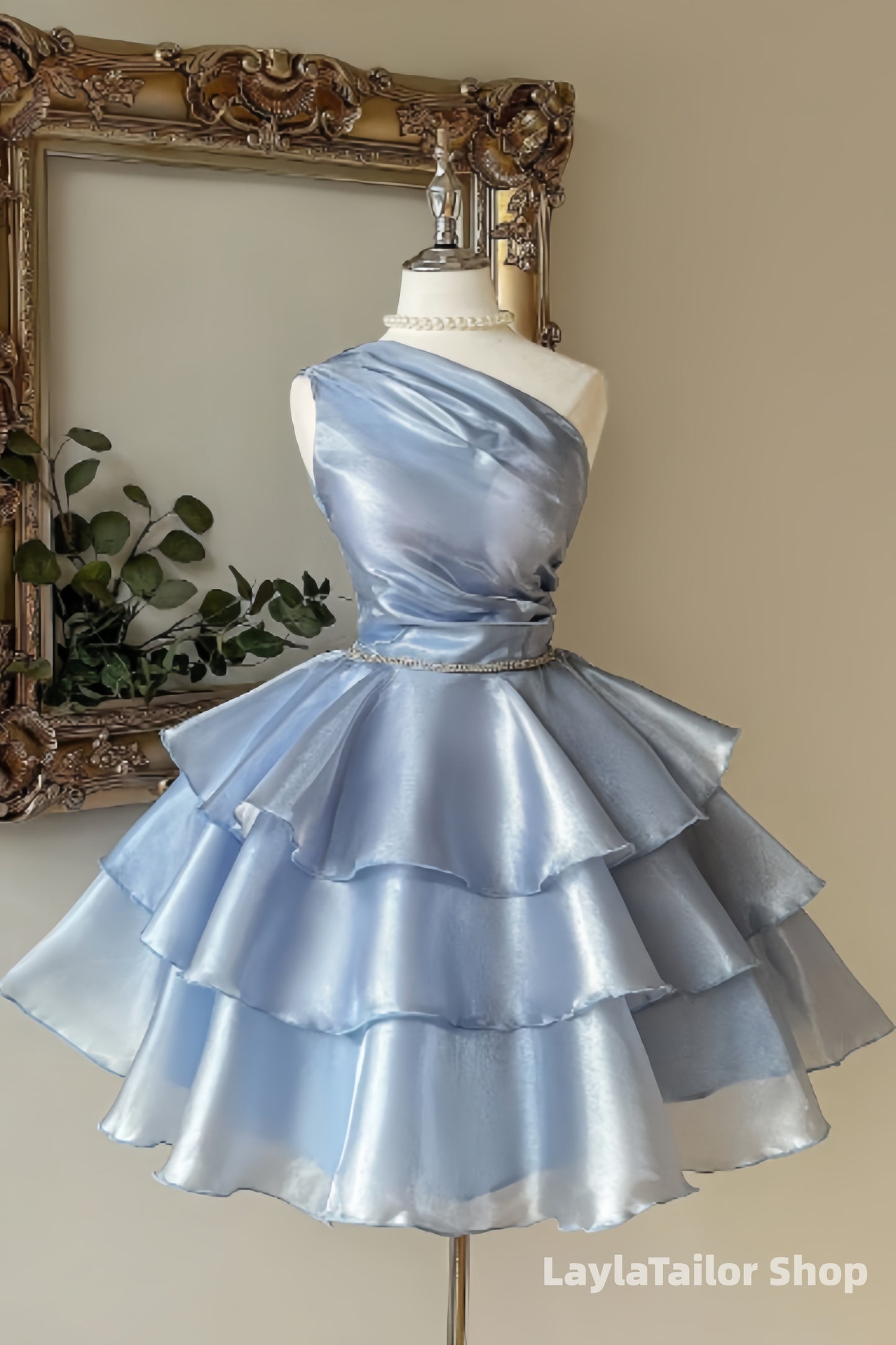 One Shoulder Organza Ice Blue Homecoming Dresses