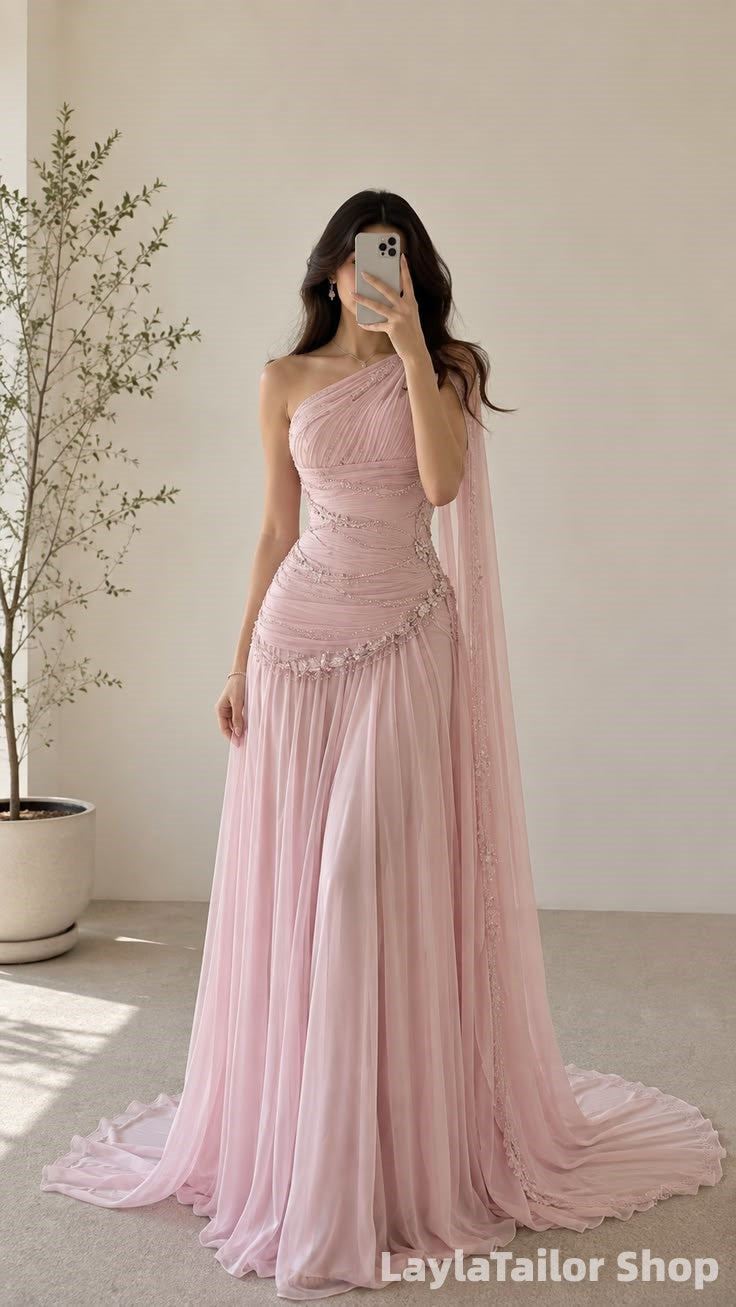 One Shoulder Pink Chiffon Beaded Long Prom Dress, Evening Dresses LTP82735
