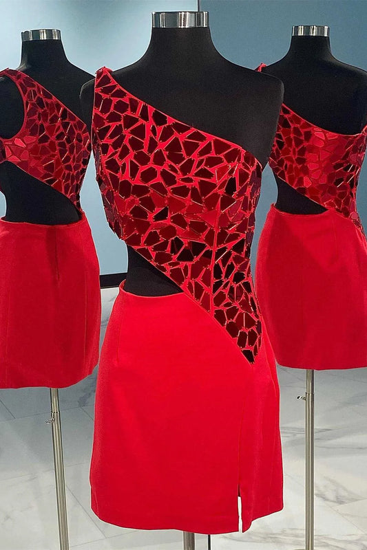Unique One Shoulder Glass Mirror Homecoming Dresses