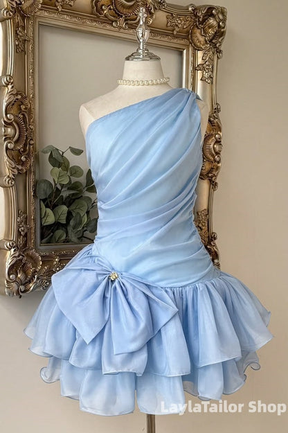 One Shoulder Sky Blue Chiffon Short Homecoming Dresses LTP82609
