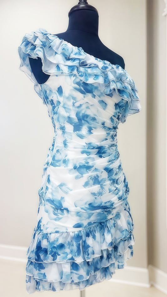 One Shoulder White Blue Floral Homecoming Dress, Back To School Dress,LTP3697