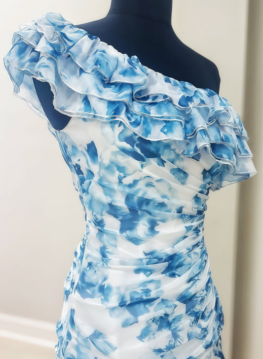 One Shoulder White Blue Floral Homecoming Dress, Back To School Dress,LTP3697