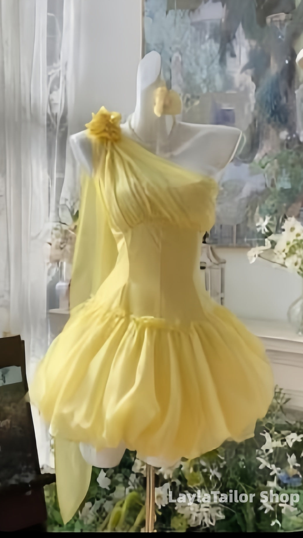One Shoulder Yellow Chiffon Homecoming Dress With Floral