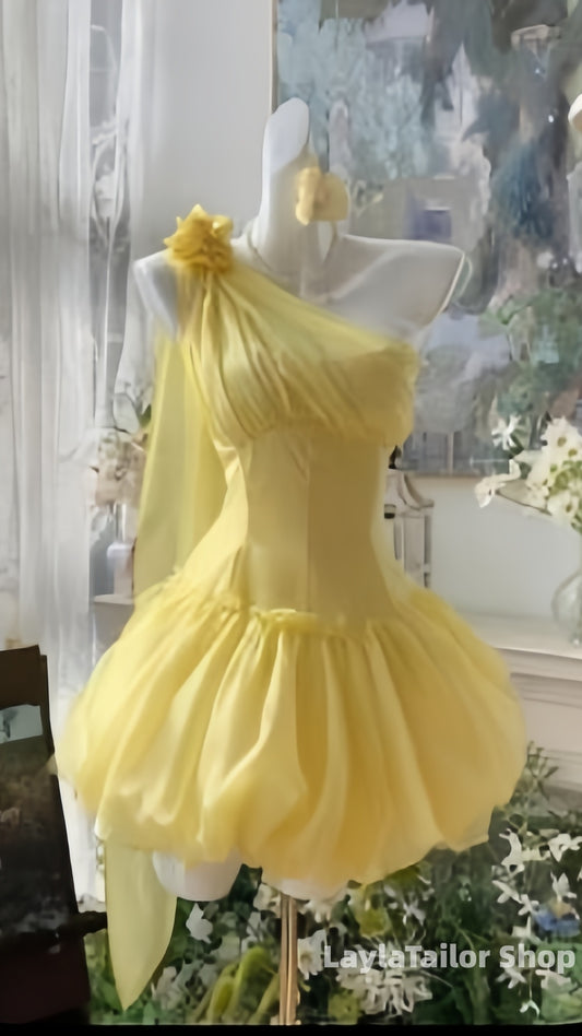 One Shoulder Yellow Chiffon Homecoming Dress With Floral