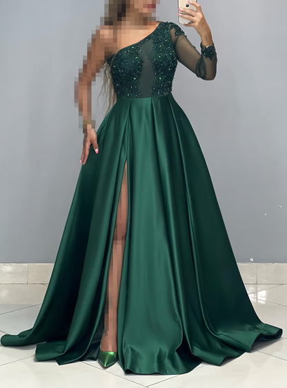 One Sleeve Beaded A-Line Prom Dress, Women Party Dress, LTP3474