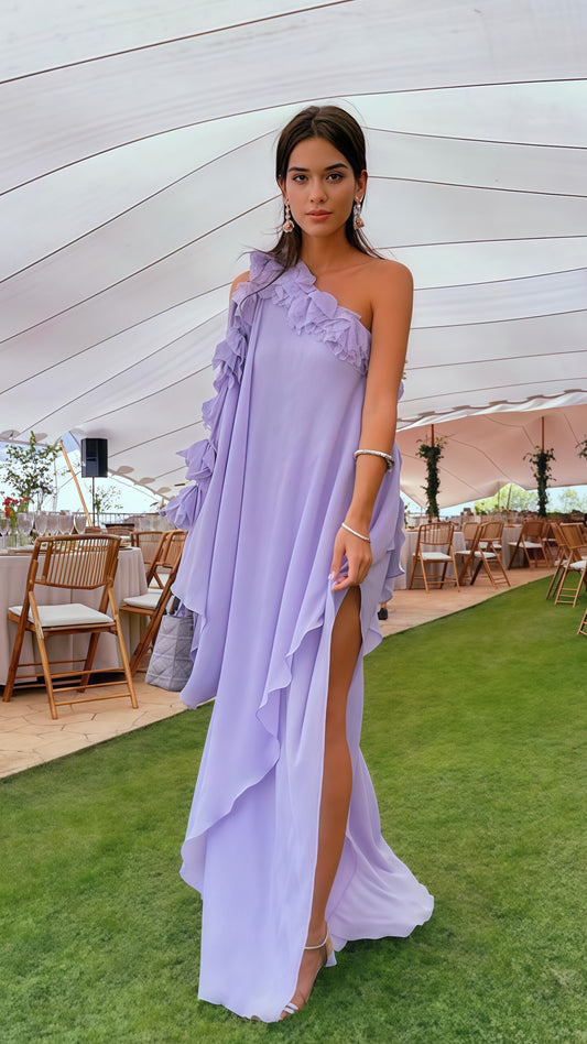 One Sleeve Lilac Chiffon Long Evening Prom Dress, LTP3519