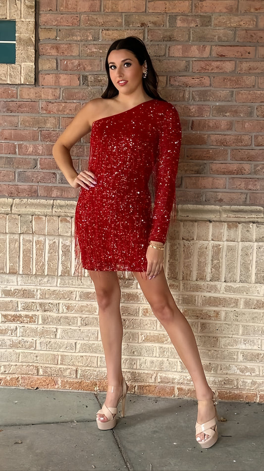 One Sleeves Red Sequin Tassel Homecoming Dress Short Party Dress, LTP3348