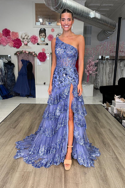 One Shoulder Blush Pink Tiered Ruffle Long Formal Dress