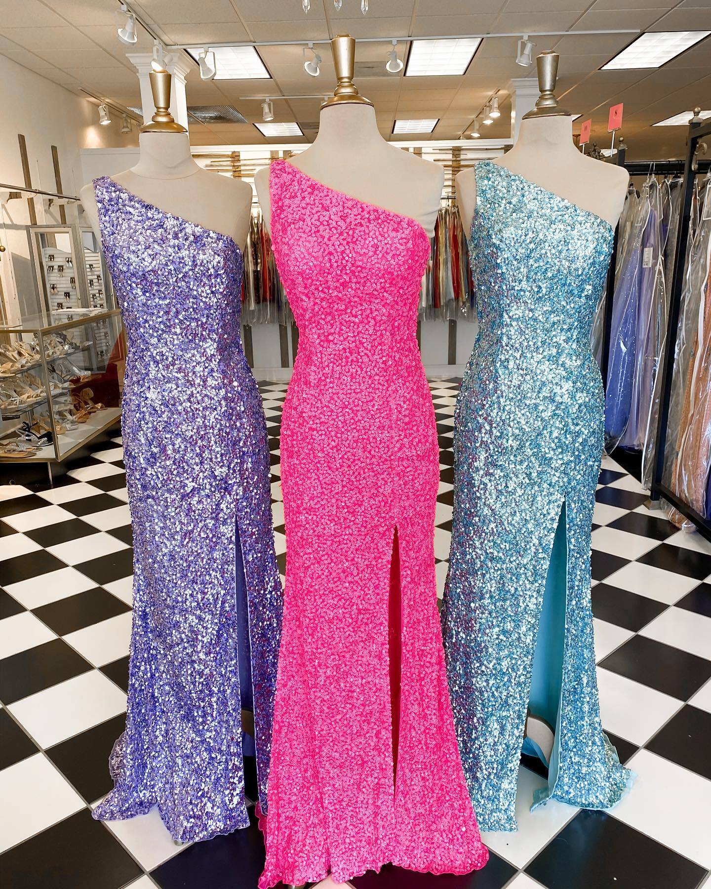 One Shoulder Hot Pink Sequins Mermaid Long Prom Dress