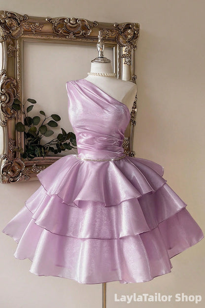 One Shoulder Lilac Homecoming Dresses Organza Ruffled Hoco Dress LTP82675