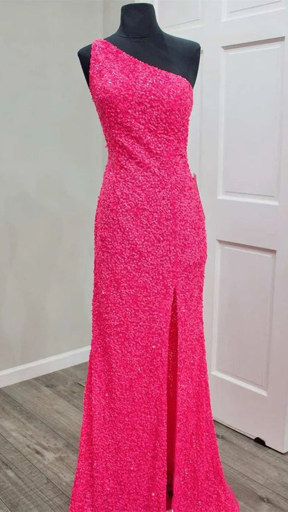 One Shoulder Mermaid Sequin Prom Dress With Side Slit, LTP3514