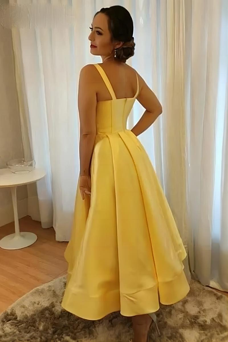 Yellow A-Line Satin Homecoming Dresses Tea Length Celebrating Dress with Beaded Belt