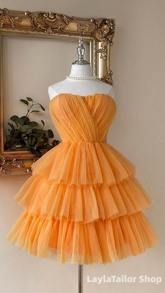 Orange Sweetheart Tulle Homecoming Dresses Pleated Ruffles Hoco Dress