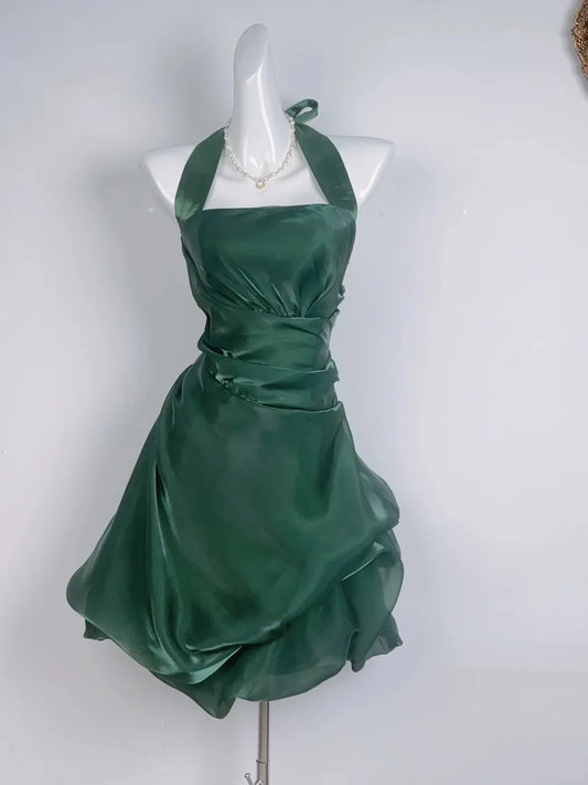 Vintage Dark Green Halter Neck Floral Mini Homecoming Dress LTP82585