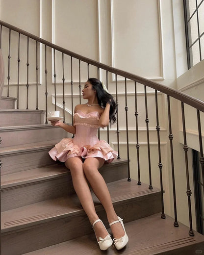 Princess Pink Strapless Sweetheart Neck Satin A-Line 17th Birthday Homecoming Dress LTP82588