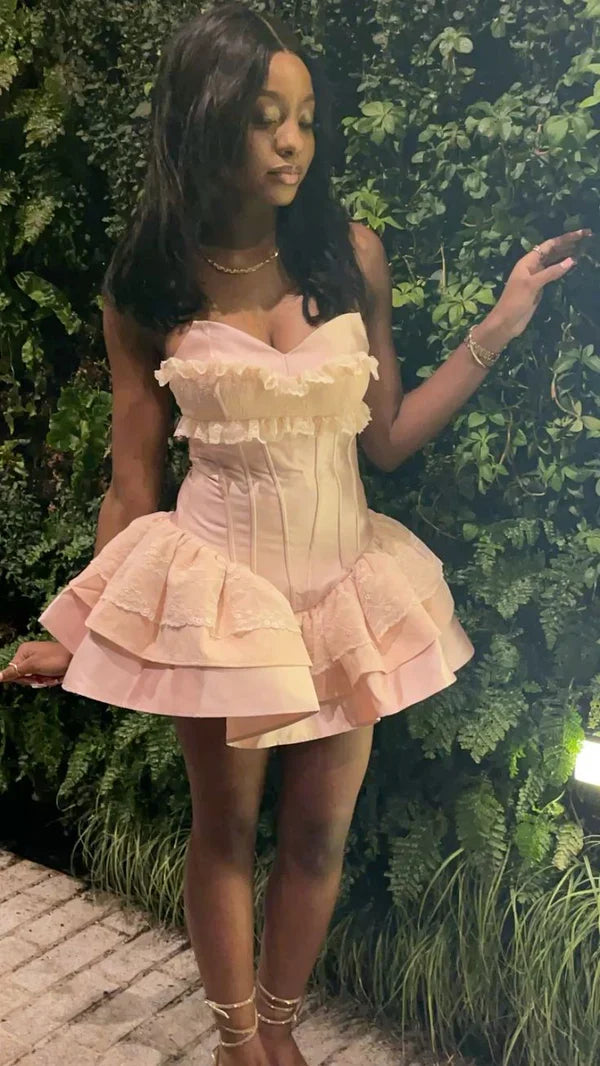 Princess Pink Strapless Sweetheart Neck Satin A-Line 17th Birthday Homecoming Dress LTP82588