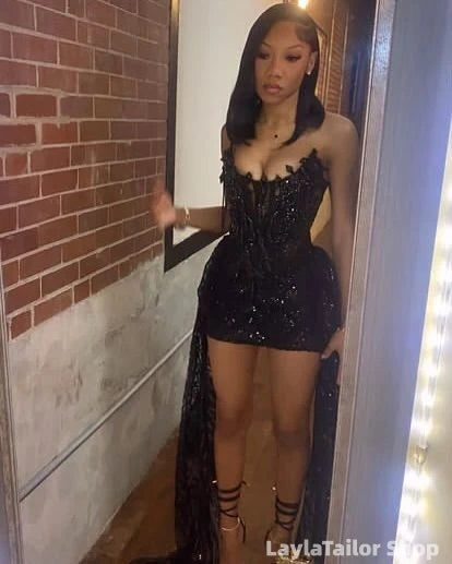 Sexy Black Tube Top Herringbone Beaded 19th Birthday Homecoming Dress LTP82581