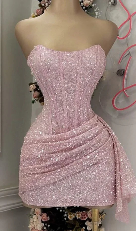 Cute Pink Sleeveless Sequined Slim Fit Hip 17th Birthday Homecoming Dress LTP82587