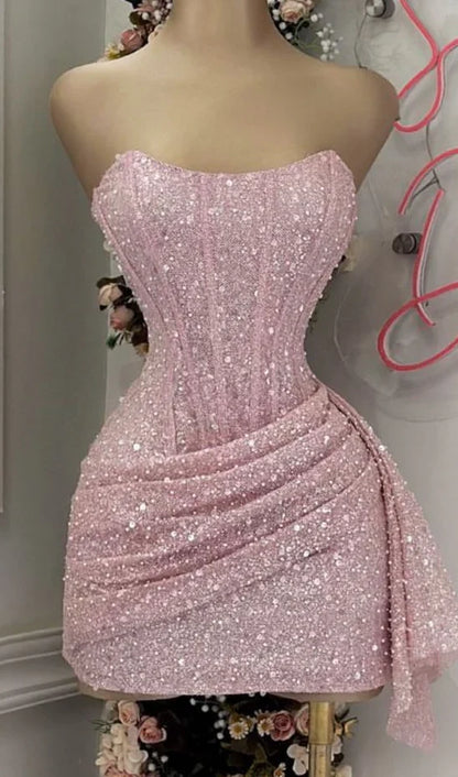 Cute Pink Sleeveless Sequined Slim Fit Hip 17th Birthday Homecoming Dress LTP82587