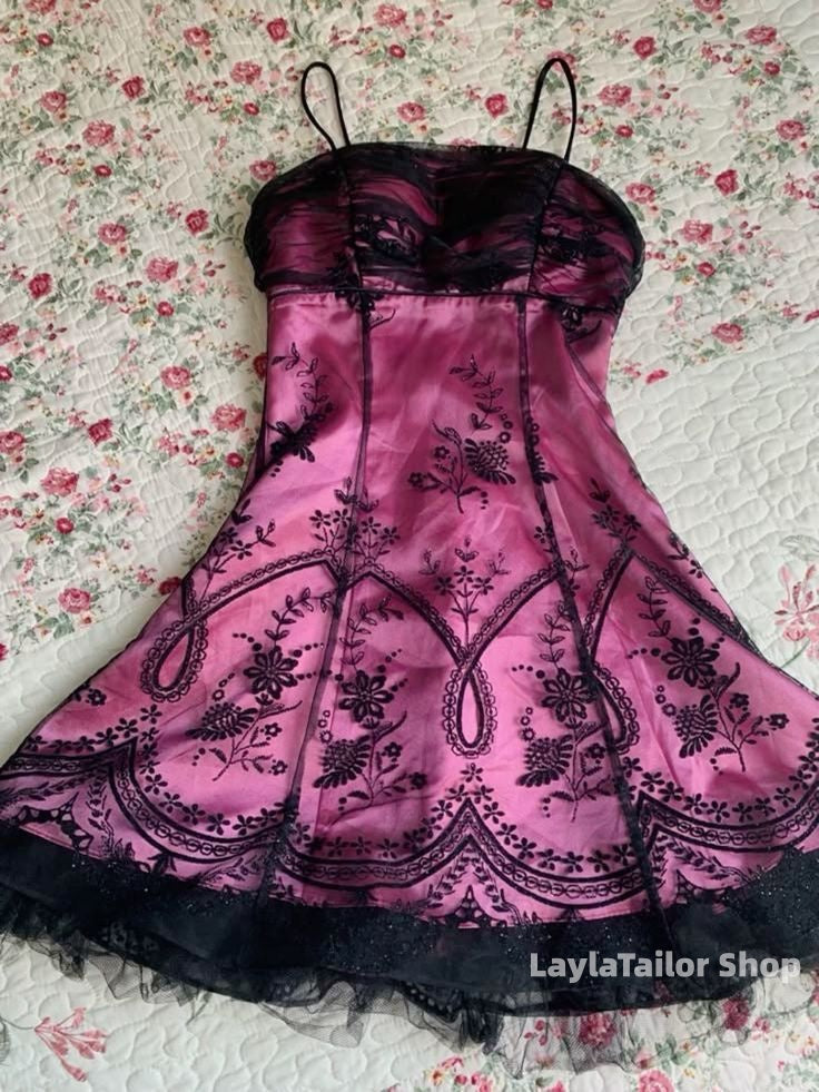 Vintage Black Tulle Lace Pink Satin A-line Birthday Short Skirt Homecoming Dress LTP82582