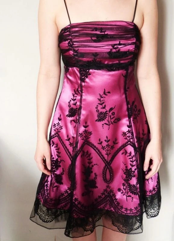 Vintage Black Tulle Lace Pink Satin A-Line Birthday Short Skirt Homecoming Dress
