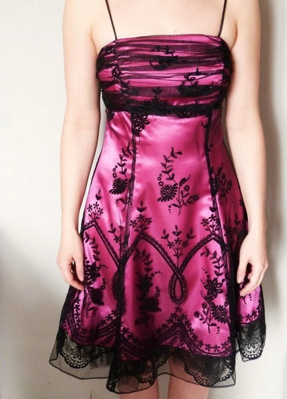 Vintage Black Tulle Lace Pink Satin A-Line Birthday Short Skirt Homecoming Dress