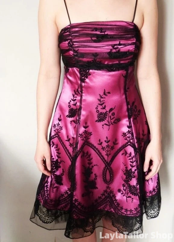 Vintage Black Tulle Lace Pink Satin A-line Birthday Short Skirt Homecoming Dress LTP82582