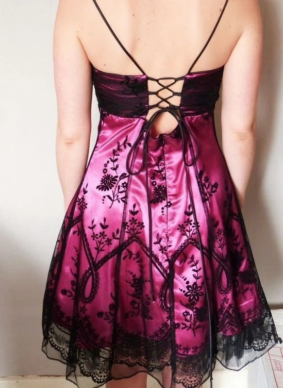 Vintage Black Tulle Lace Pink Satin A-Line Birthday Short Skirt Homecoming Dress