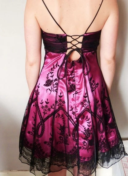 Vintage Black Tulle Lace Pink Satin A-Line Birthday Short Skirt Homecoming Dress