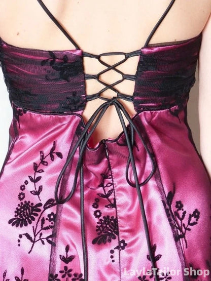 Vintage Black Tulle Lace Pink Satin A-line Birthday Short Skirt Homecoming Dress LTP82582
