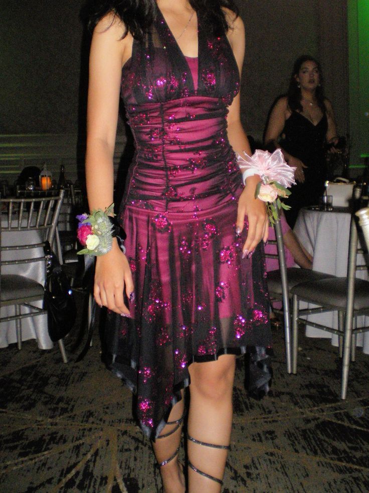 Sexy Pink Black Tulle Sequined Halter Neck Irregular 19th Birthday Homecoming Dress LTP82586