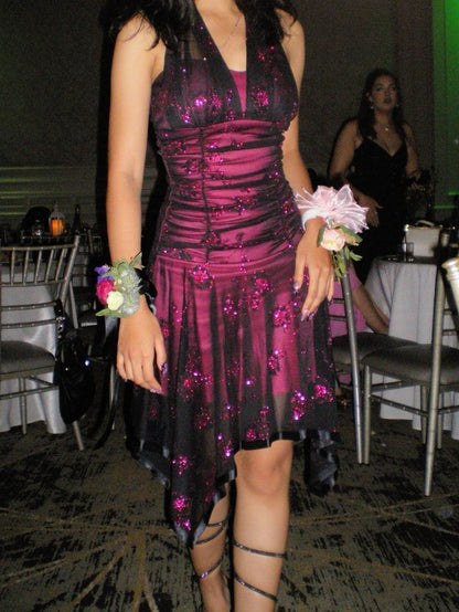 Sexy Pink Black Tulle Sequined Halter Neck Irregular 19th Birthday Homecoming Dress LTP82586