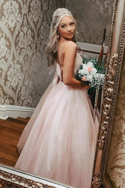 Spaghetti Straps Light Pink A-Line Tulle Prom Dress With Bowknot