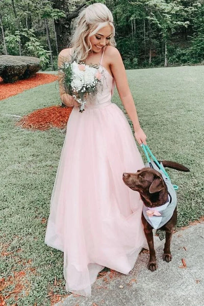 Spaghetti Straps Light Pink A-Line Tulle Prom Dress With Bowknot