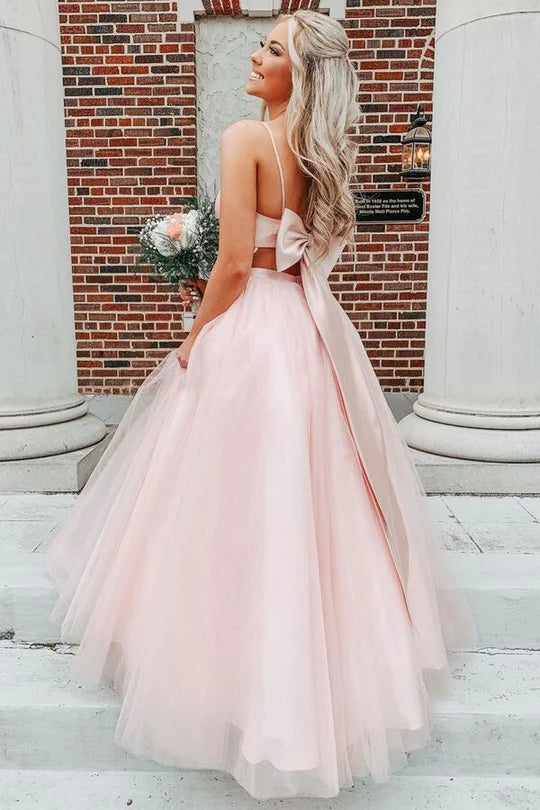 Spaghetti Straps Light Pink A-Line Tulle Prom Dress With Bowknot