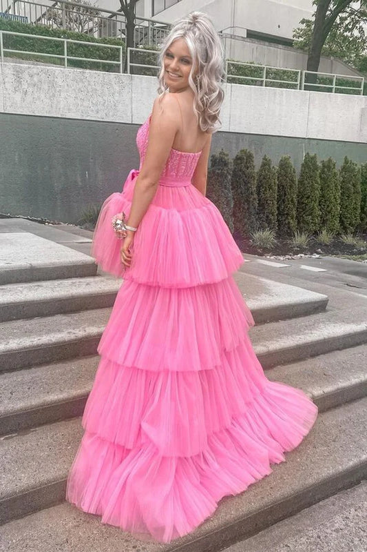 Hot Pink High Low Spaghetti Straps Lace Prom Dress