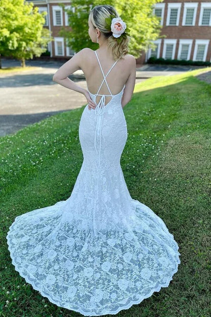 Spaghetti Straps White Lace Mermaid Prom Dress