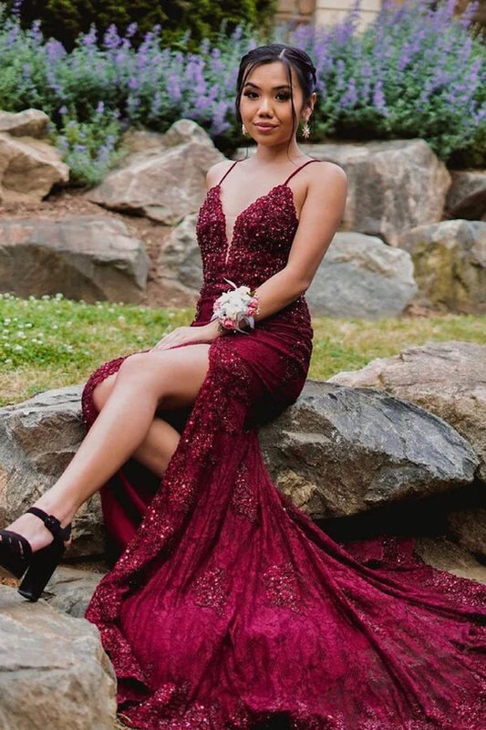 Burgundy Mermaid Open Back Long Prom Dress