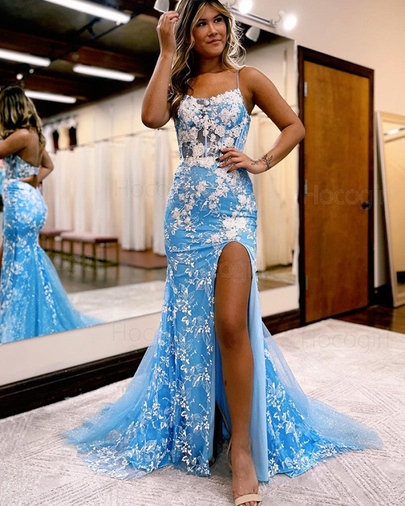 Sky Blue Mermaid White Appliques Long Evening Dresses