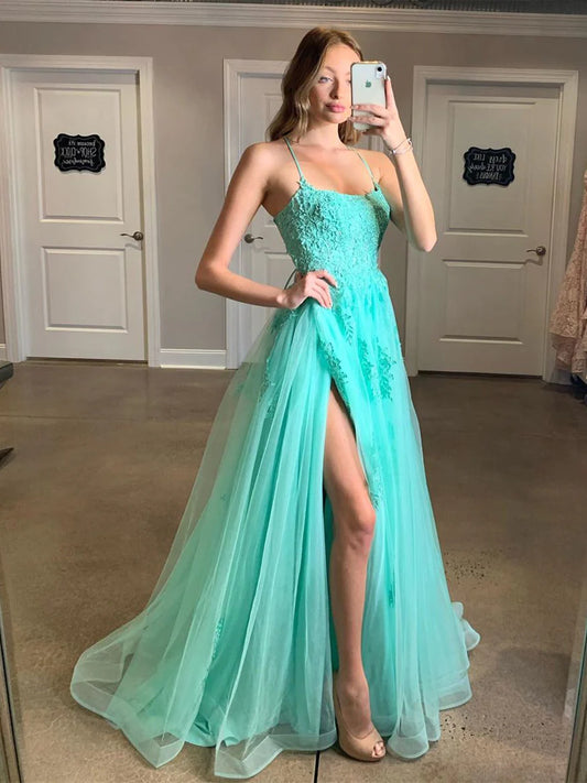Spaghetti Straps A-line Prom Dresses Tulle Appliqued Gowns