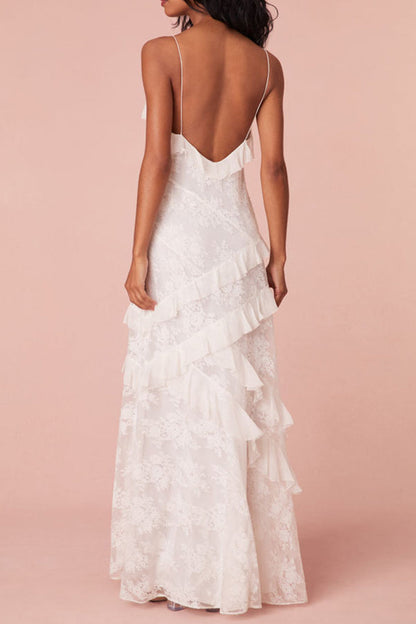 White Sheath Spaghetti Straps Backless Long Dress with Ruffles Graduation Dress