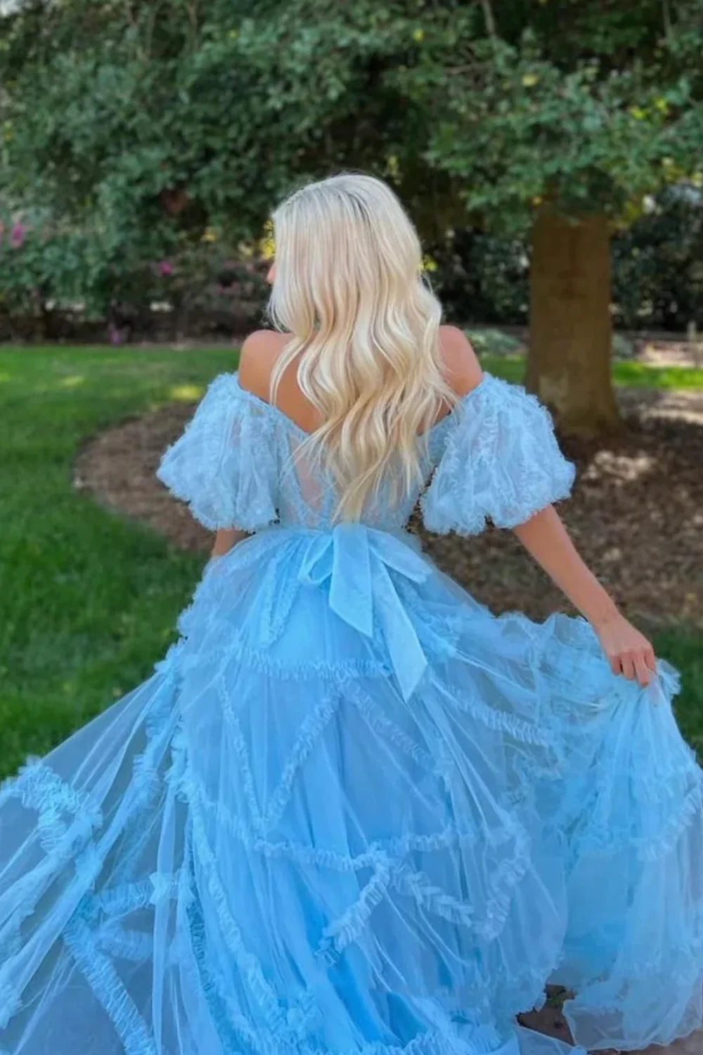 Sky Blue Puffy Sleeves Tulle Ruffles Long Prom Dress