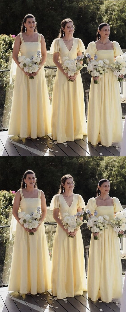 Pastel Yellow Chiffon Long Bridesmaid Dresses, LTP3296