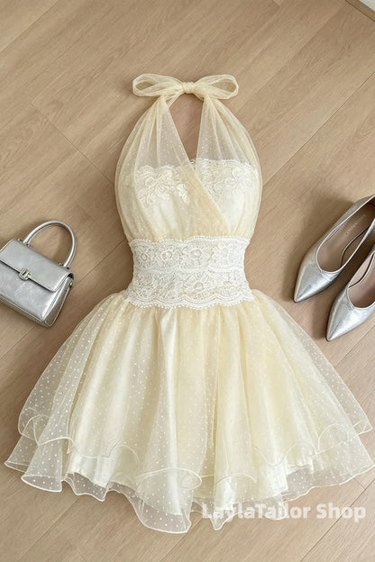 Pastel Yellow Halter Dots Tulle Lace Homecoming Dresses LTP82624